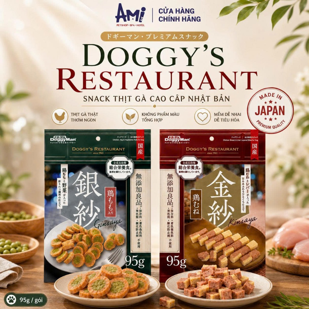 Snack cho Chó DoggyMan Doggy's Restaurant 95g Thịt Gà Rau Củ & Ức Gà Gan Gà Bánh Thưởng Mềm - Hàng C
