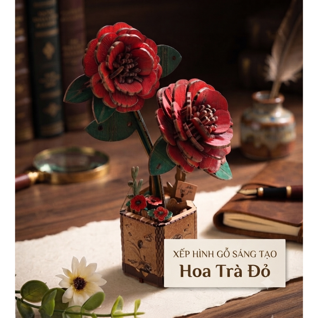 Mô Hình Lắp Ráp 3D BẰNG GỖ ROWOOD HOA TRÀ ĐỎ - WOODEN BLOOM CRAFT