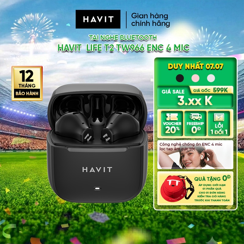 Tai Nghe Bluetooth TWS Havit TW966, 4 Mic ENC Chống Ồn, Bluetooth 6.0, Pin 25H, Bass Mạnh