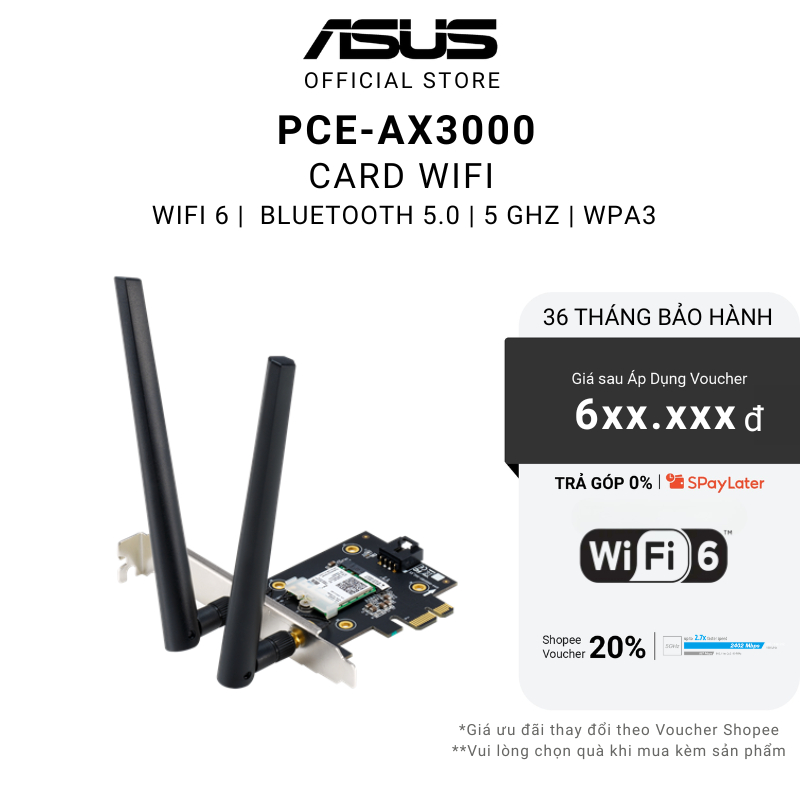 Card mạng Wifi 6 ASUS PCE-AX3000 Adapter PCI-E Không Dây AX3000 | 2 băng tần Bluetooth 5.0 | MU-MIMO