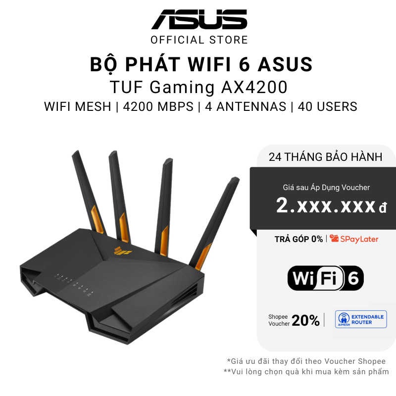 Bộ phát wifi 6 Asus TUF Gaming AX4200 | 4200Mbps | 4 Ăng-ten | Wifi Mesh | < 80 User | Cổng 2.5Gbps