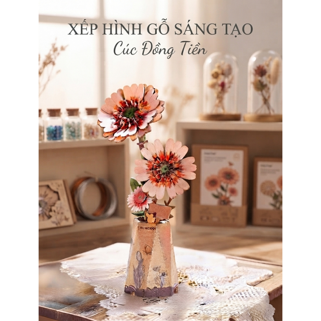 Mô Hình Lắp Ráp 3D BẰNG GỖ ROWOOD CÚC ĐỒNG TIỀN - WOODEN BLOOM CRAFT