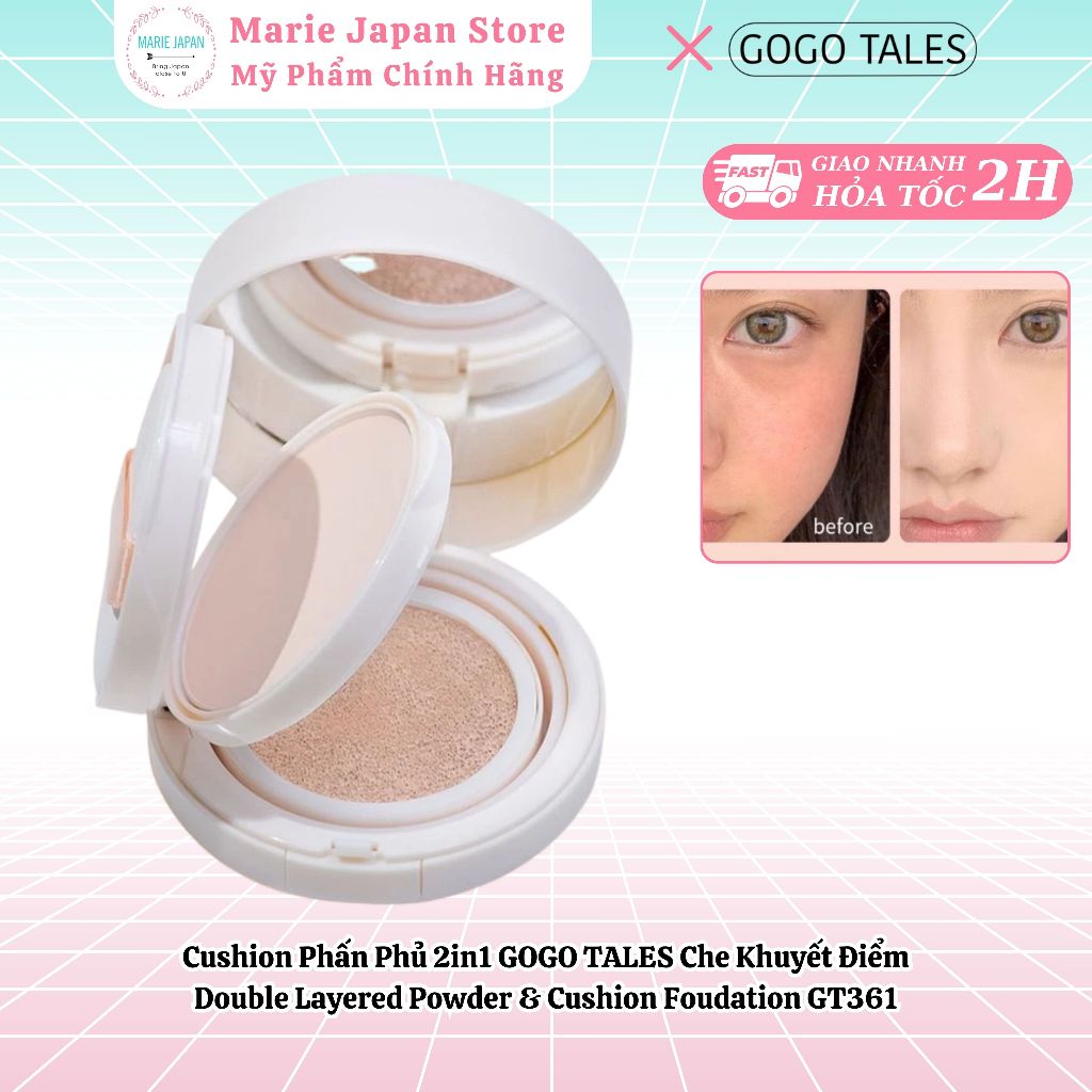 Cushion Phấn Phủ 2in1 GOGO TALES Che Khuyết Điểm Double Layered Powder & Cushion GT361 - Marie Japan