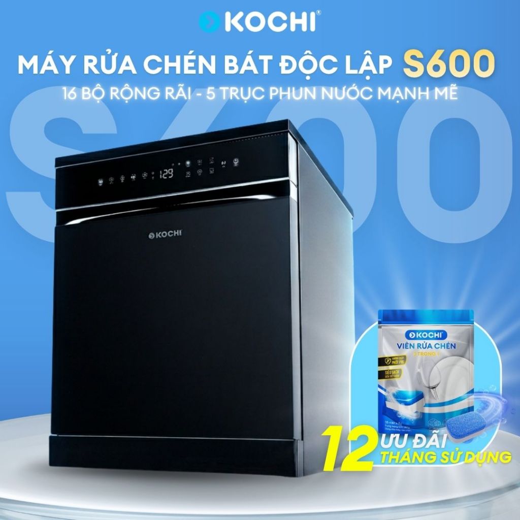 [Free lắp đặt] Máy rửa chén bát 16 bộ KOCHI S600 - 5 trục phun áp suất cao - Rửa AI -  Sấy PTC & bảo