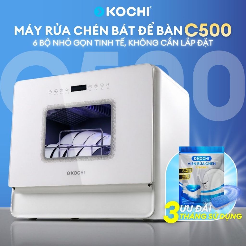 Máy rửa chén bát để bàn KOCHI C500 - Sức chứa 6 bộ - Không cần lắp đặt - 5+1 chương trình rửa - Sấy 