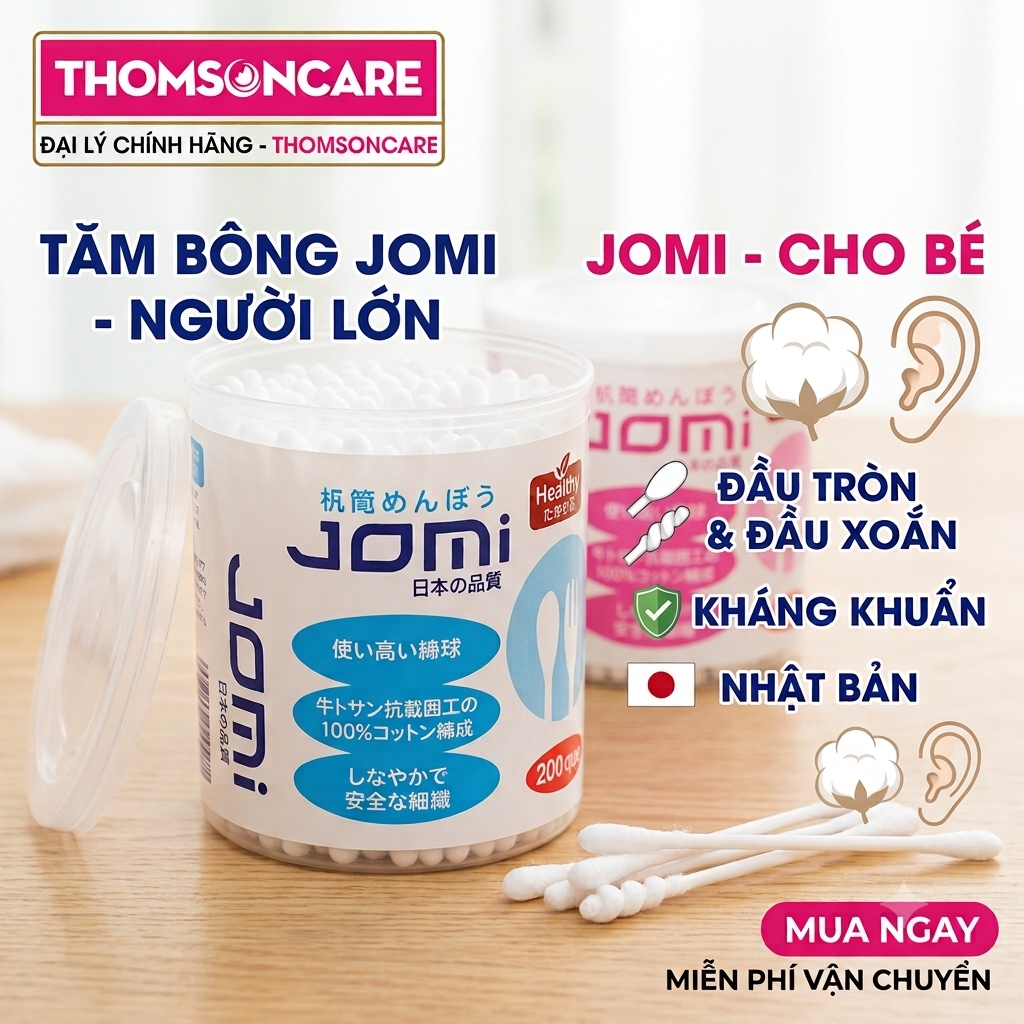 Bông ngoáy tai Jomi cho trẻ em và người lớn, tăm bông trẻ em jomi, tăm bông đầu nhỏ, bông tăm ngoáy tai y tế