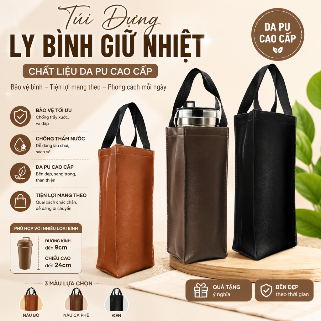 Túi Đựng Ly Bình Giữ Nhiệt Từ 500ml Tới 1500ml Chất Liệu Da PU