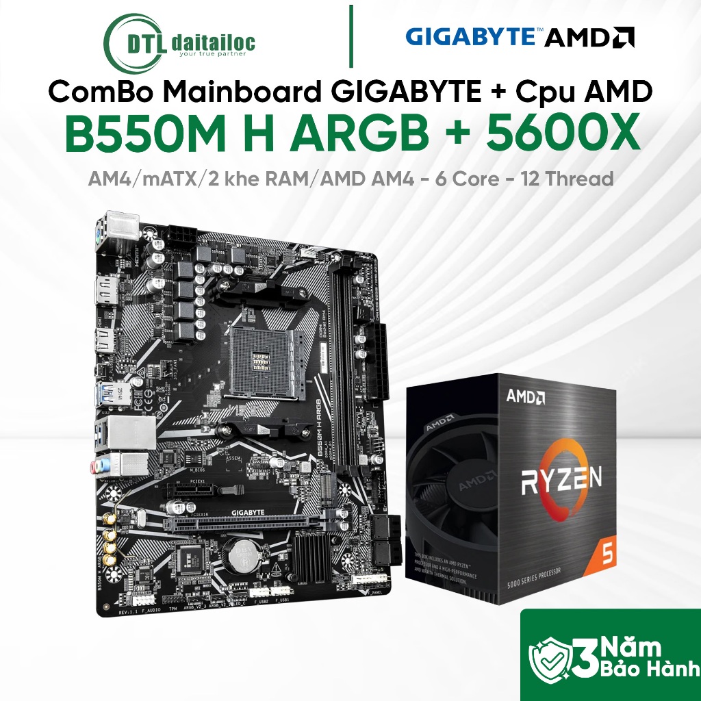 ComBo Mainboard GIGABYTE B550M H ARGB + Cpu AMD Ryzen 5 5600X | Chính Hãng | Bảo Hành 36 Tháng
