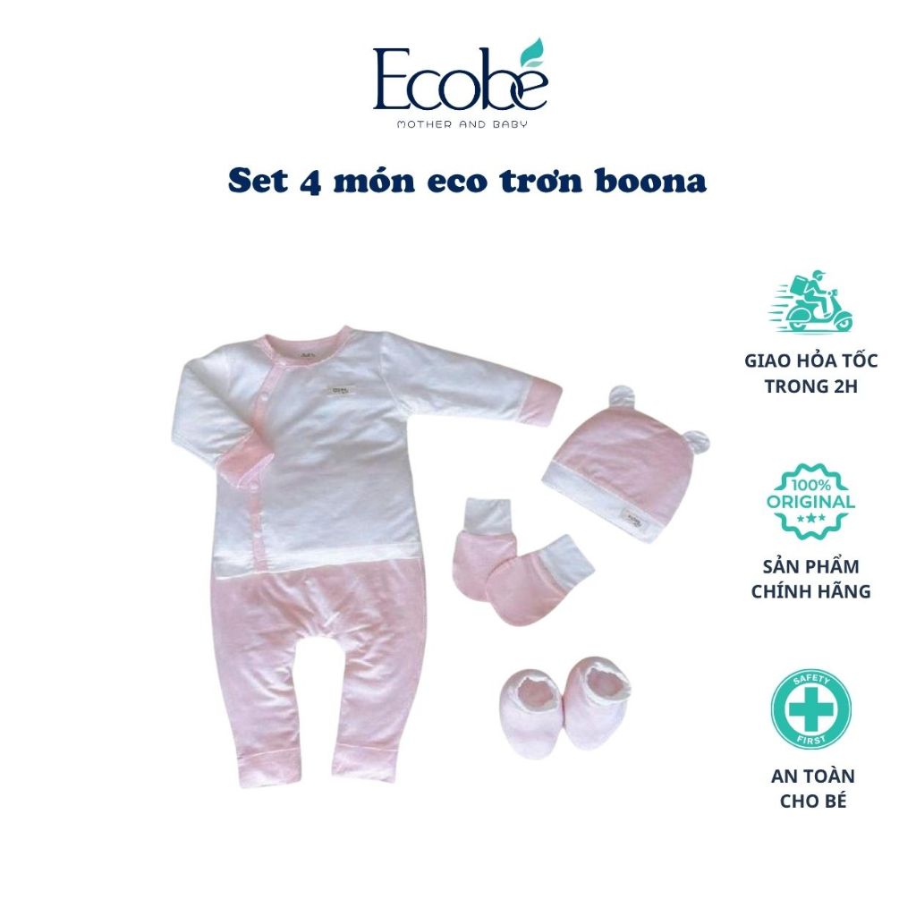 Combo Sơ Sinh 4 Món Boona Bamboo Eco Dài Tay Set Mũ Bao Chân Tay Cho Bé Chất Liệu Sợi Tre Bamboo