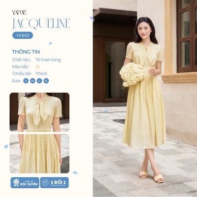Váy Thiết Kế Nữ YAME Cổ Thắt Nơ Điệu, Tùng Váy Xòe Rộng, Bấu Chiết Ly Nhỏ Trẻ Trung, Thanh Lịch- JACQUELINE YV993
