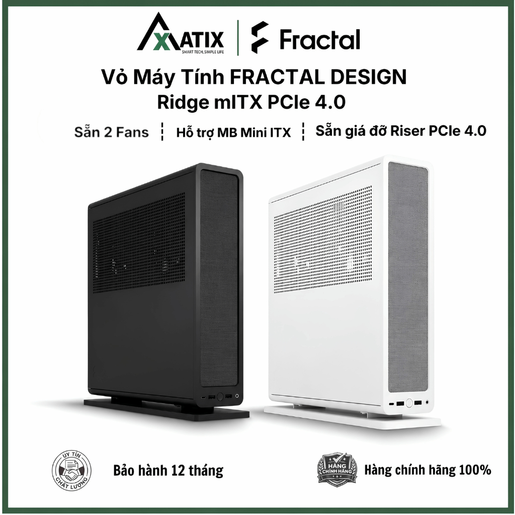 Vỏ máy tính Case PC FRACTAL DESIGN Ridge mITX PCIe 4.0 | Sẵn giá đỡ Riser PCIe 4.0 | Sẵn 2 fans - Bả