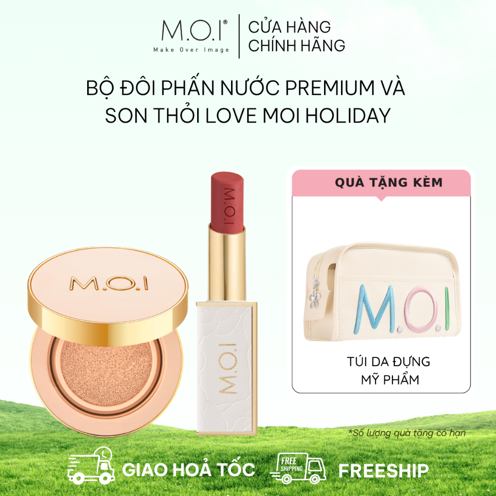 (TẶNG TÚI DA) Combo phấn nước M.O.I Premium Baby Skin Cushion 12g và má hồng sữa M.O.I Baby Cheek 14