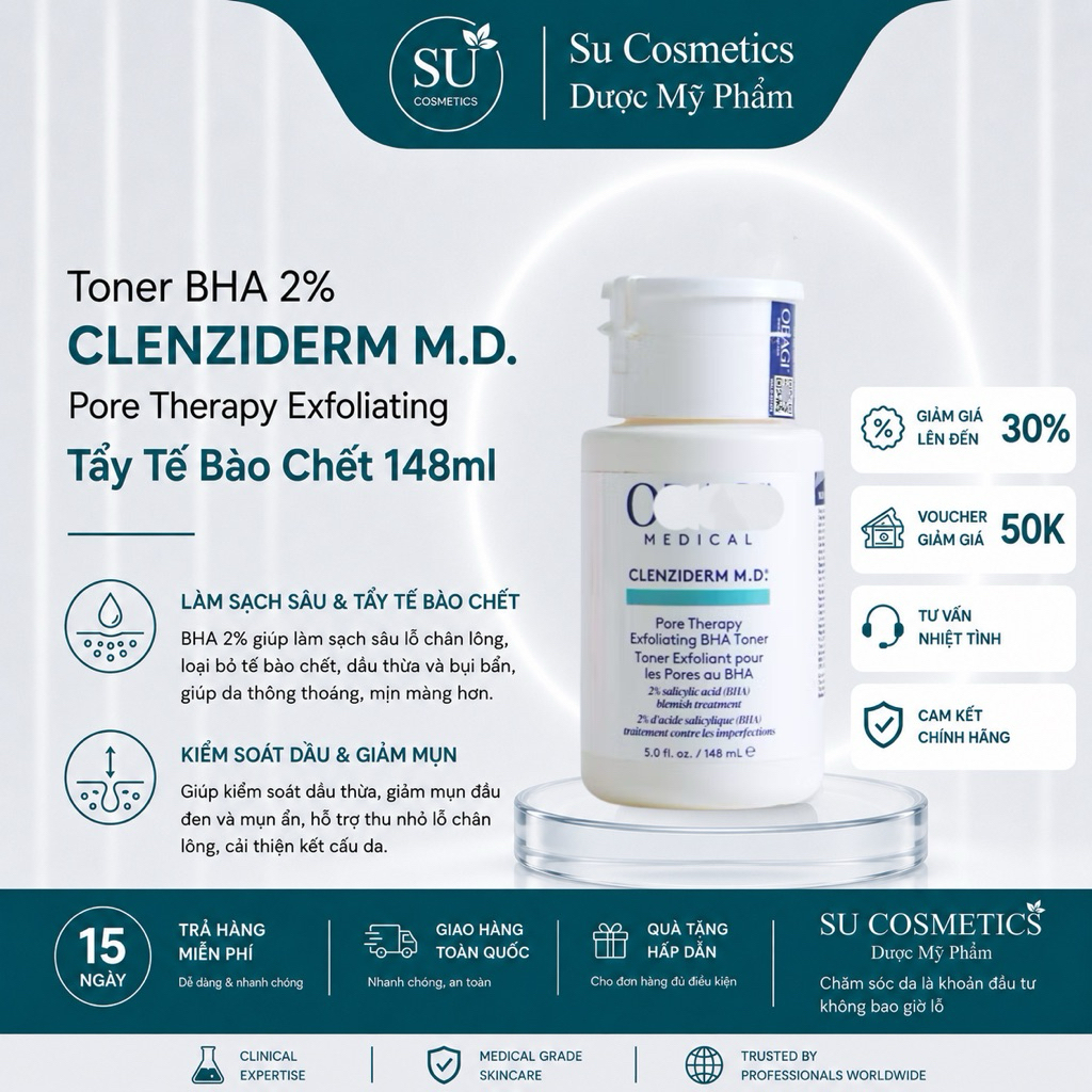 [Mẫu Mới]Toner OBAGI BHA 2% Clenziderm M.D. Pore Therapy Exfoliating Tẩy Tế Bào Chết 148ml
