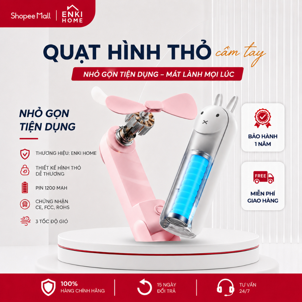 Quạt Mini Cầm Tay ENKI HOME Model P06 Pin 1200mAh Sạc USB Gấp Gọn Thiết Kế Dễ Thương Kích Thước Mini