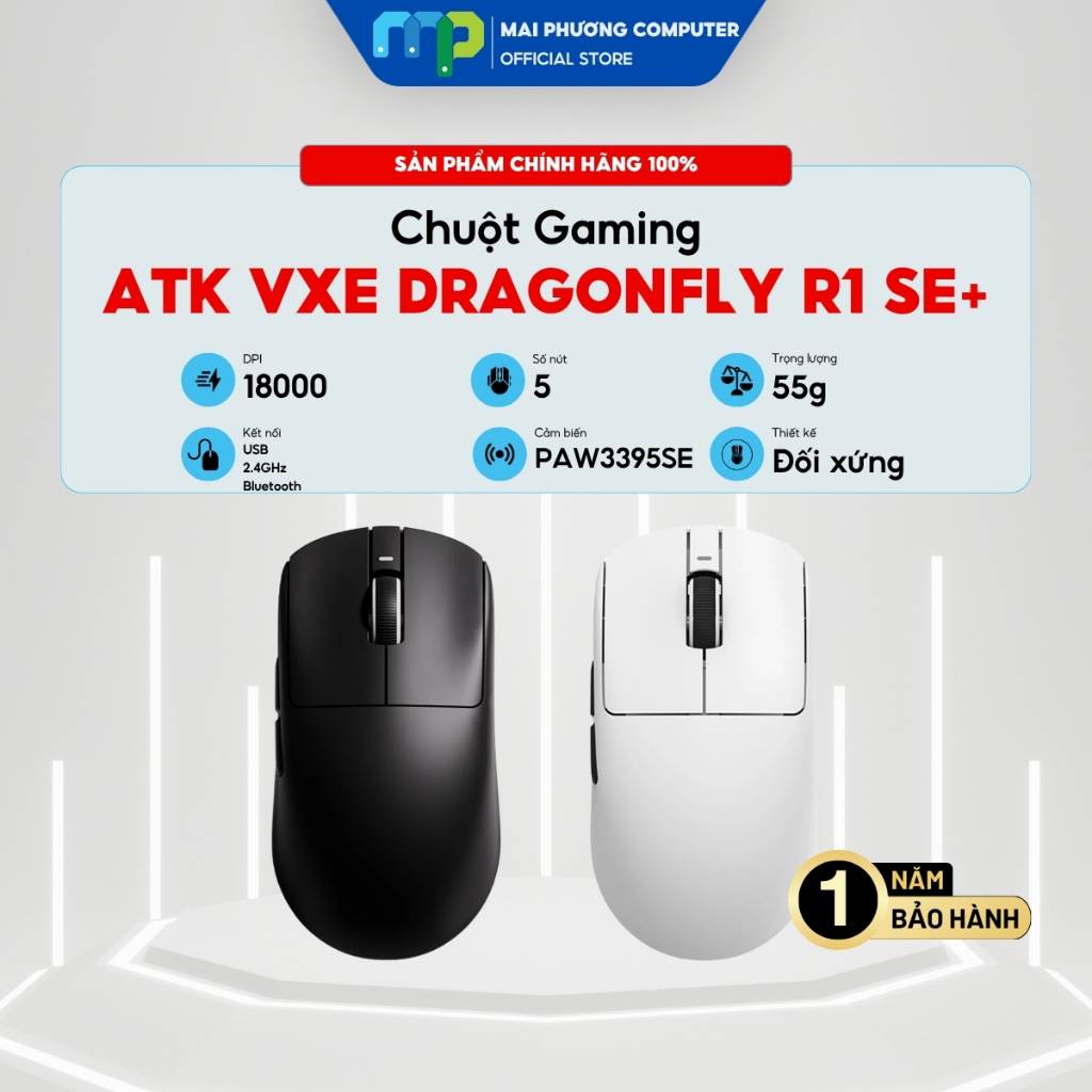 Chuột Gaming không dây ATK VXE Dragonfly R1 SE+ Tri Mode - DPI 18000 - Switch Huano Blue Glow V2 - B