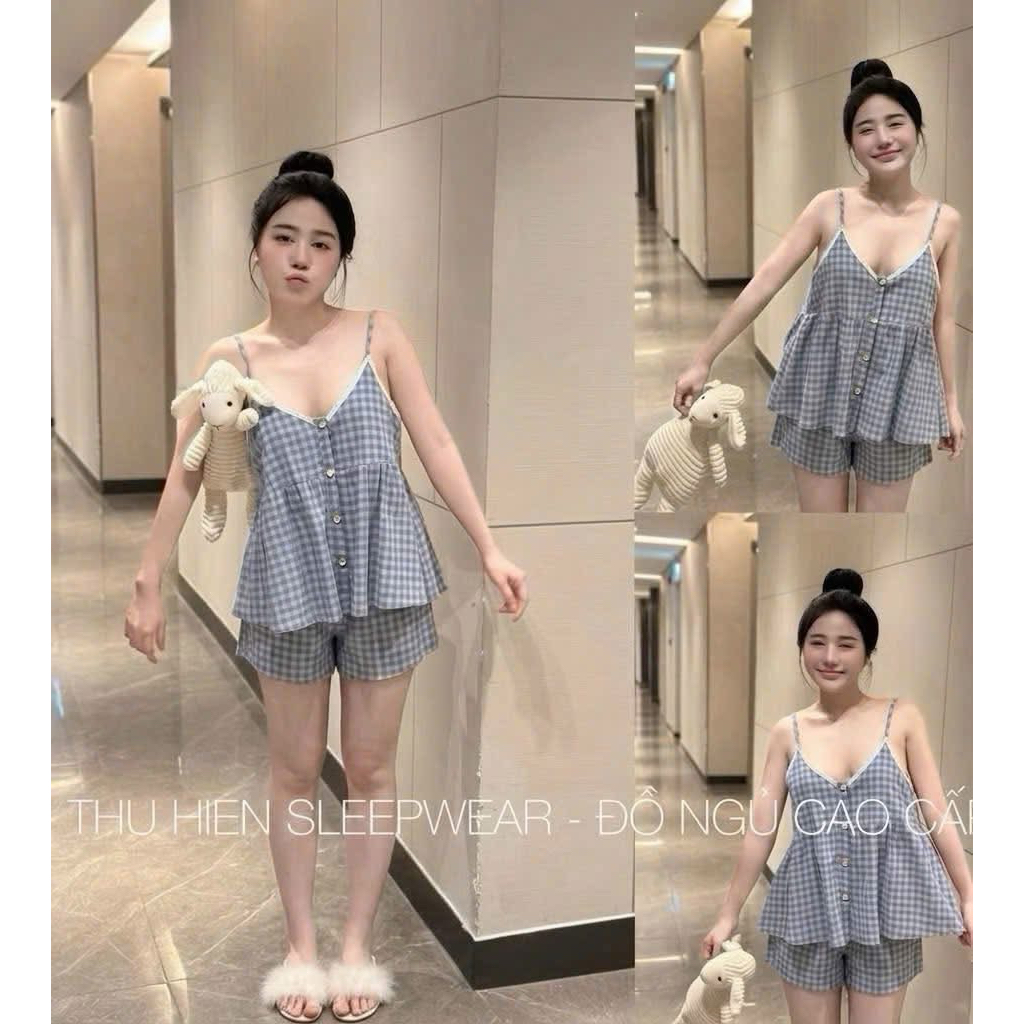 Set Bộ Ngủ Nữ , Set Bộ 2 Dây Kẻ Nẹp Cúc