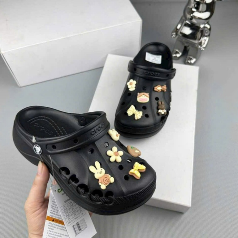 Dép crocs Nữ Đế Cao Gắn Charm Dễ Thương [ tặng charm ngẫu nhiên] Dép crocs đế cao Cấp Êm Chân Chống 