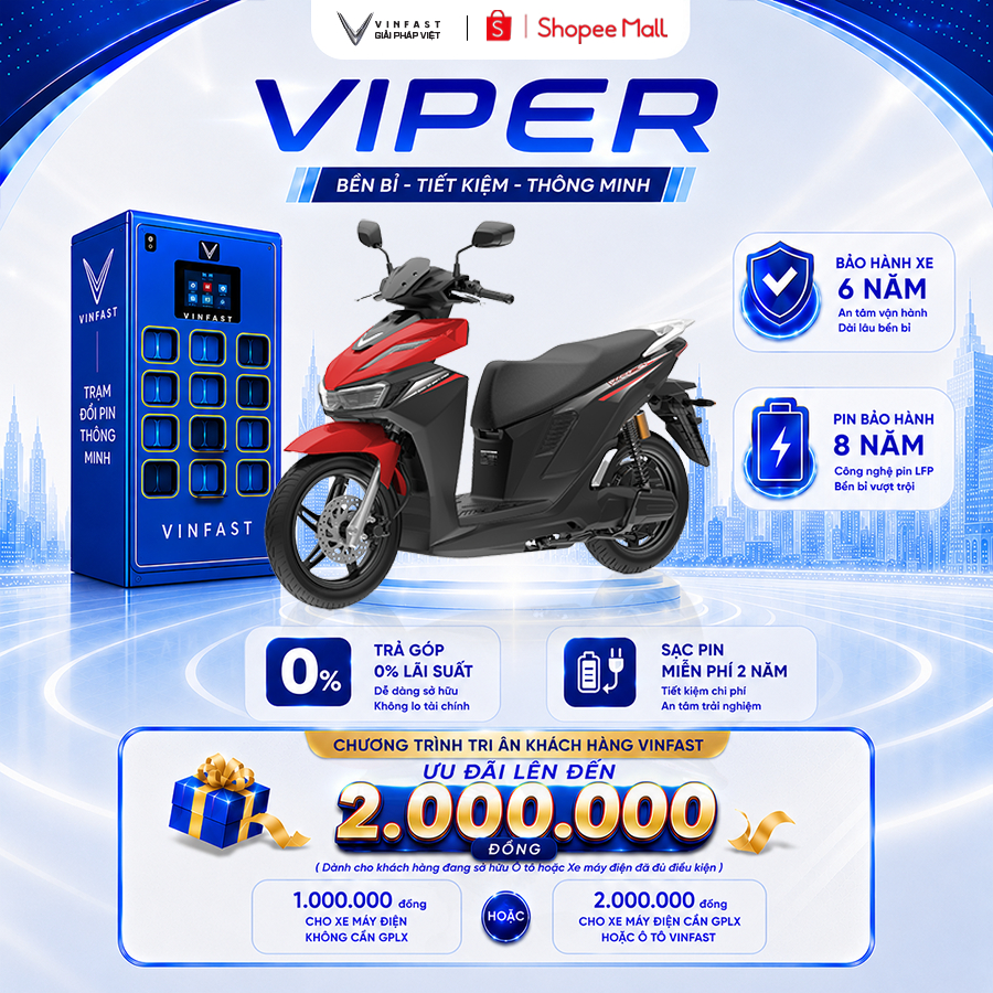 Xe Máy Điện VinFast Viper - Đổi Pin - Khóa SmartKey - Động Cơ 3000w