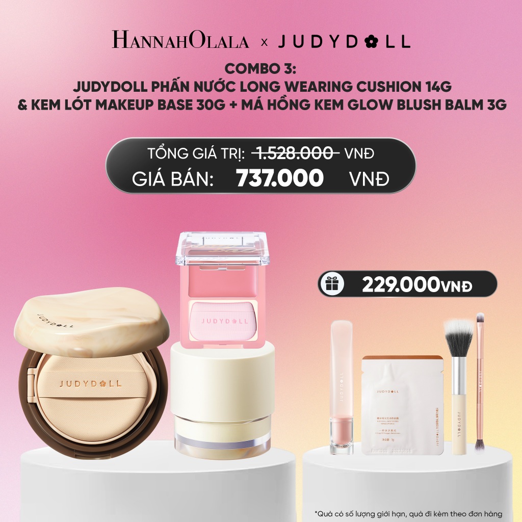 [HANNAH OLALA] Combo 3 JUDYDOLL: Phấn Nước Long Wearing Cushion 14g & Kem Lót Makeup Base 30g + Má H