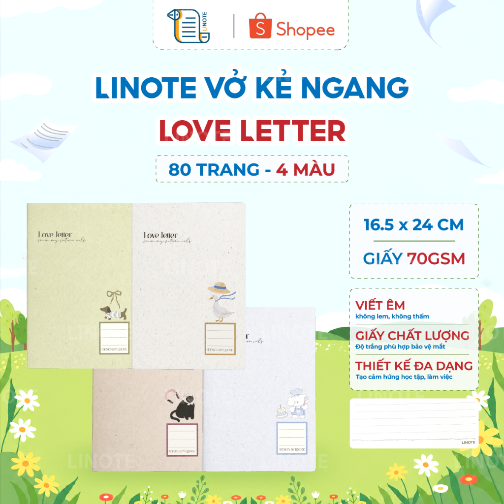 LINOTE Vở kẻ ngang LOVE LETTER dòng kẻ ngang 80 trang, Định lượng 70gsm, vở kẻ ngang ghi chép, vở họ