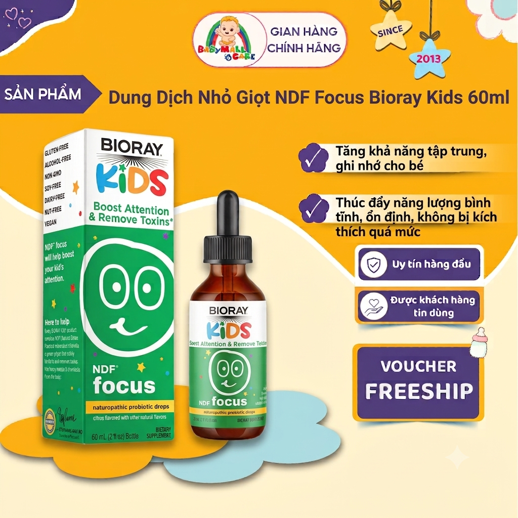 Dung Dịch Nhỏ Giọt Bioray Kids NDF Focus Tăng Tập Trung Phát Triển Trí Não Cho Bé 60ml|Babymall&Care