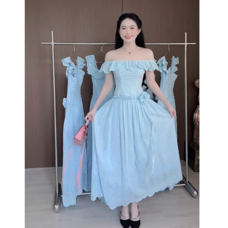 Maxi trễ vai phối ren thiết kế vibe công chúa thanh lịch hoa đính eo Olenci Dress D417
