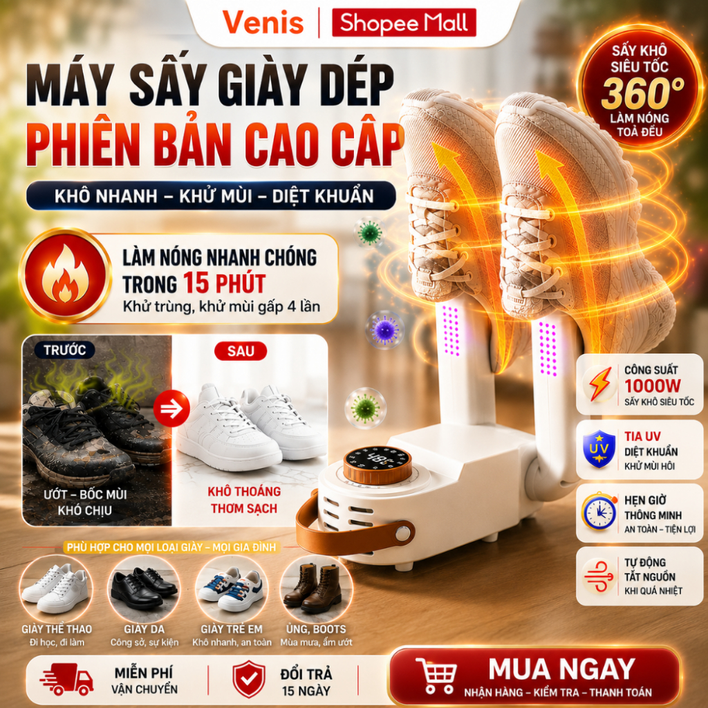 Máy Sấy Giày Gập Gọn Thông Minh, Sấy Nhanh Ổn Định Nhiệt, Khử Mùi Diệt Khuẩn UV