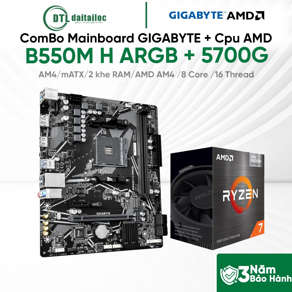 ComBo Mainboard GIGABYTE B550M H ARGB + Cpu AMD Ryzen 7 5700G | Chính Hãng | Bảo Hành 36 Tháng