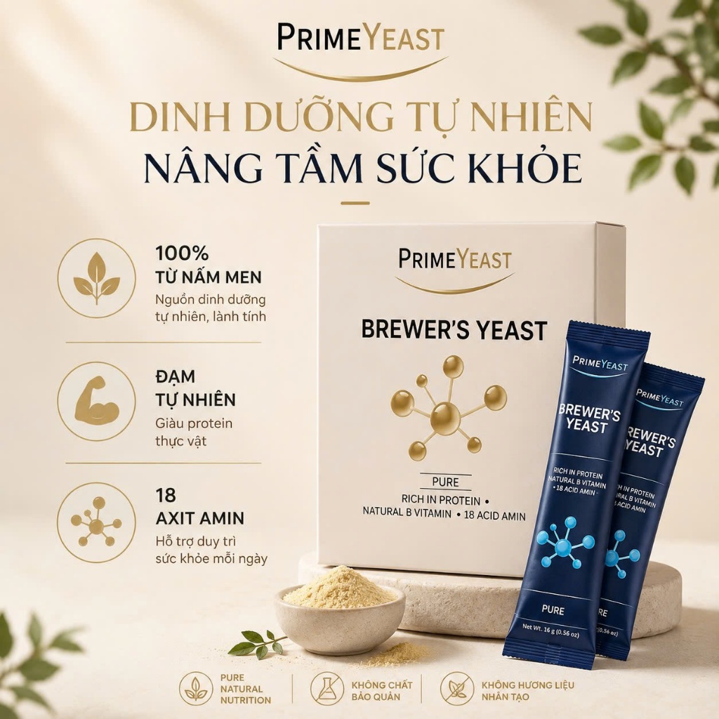 Prime Yeast Đạm Nấm Men Bia | Bổ Sung Protein Thực Vật, 18 Axit Amin | 20 Gói x 16g