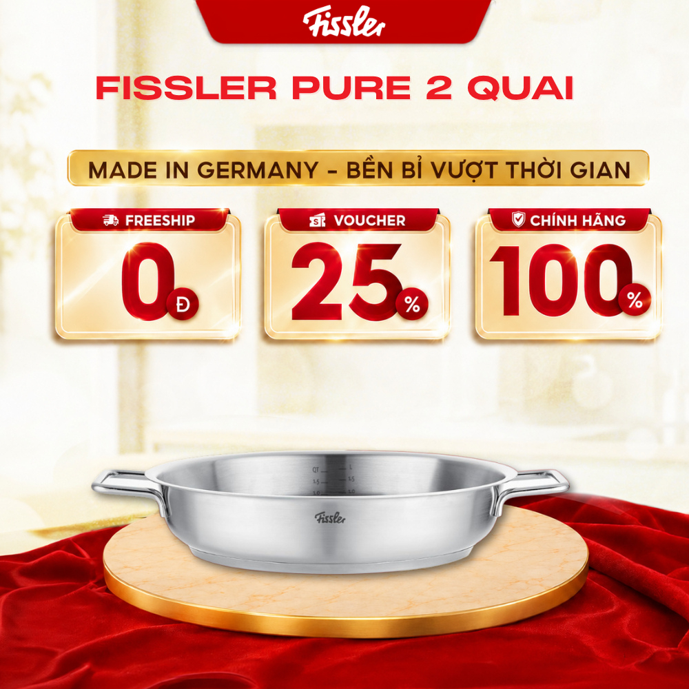 Chảo inox 2 quai Fissler Pure chính hãng thép không gỉ 18/10 cao cấp made in Germany