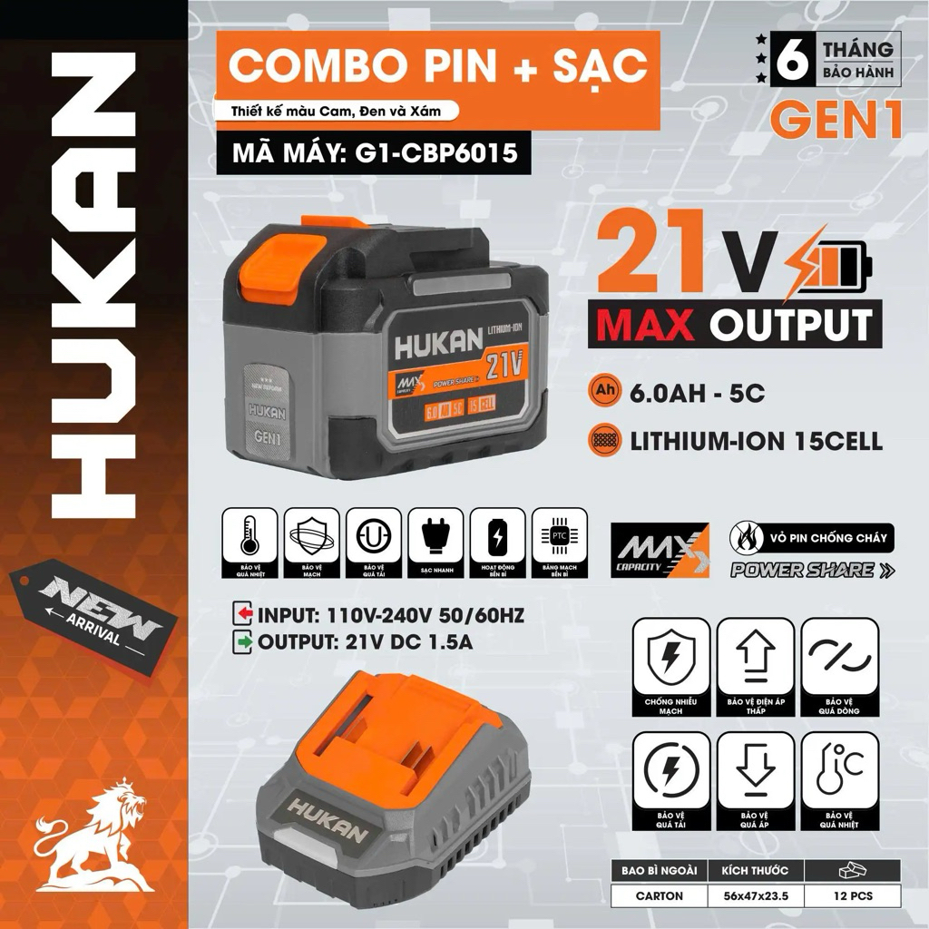 COMBO PIN HUKAN 15CELL  + SẠC HUKAN Chân pin phổ thông, Vỏ ABS chống va đập, chống cháy, Chất lượng