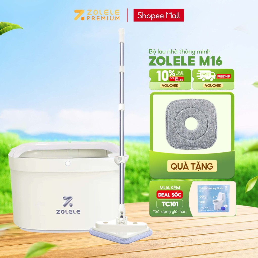 Bộ cây lau nhà ZOLELE 360 độ tự vắt 2 ngăn tách riêng nước bẩn M16 Trắng Kem (Phiên bảng giới hạn)
