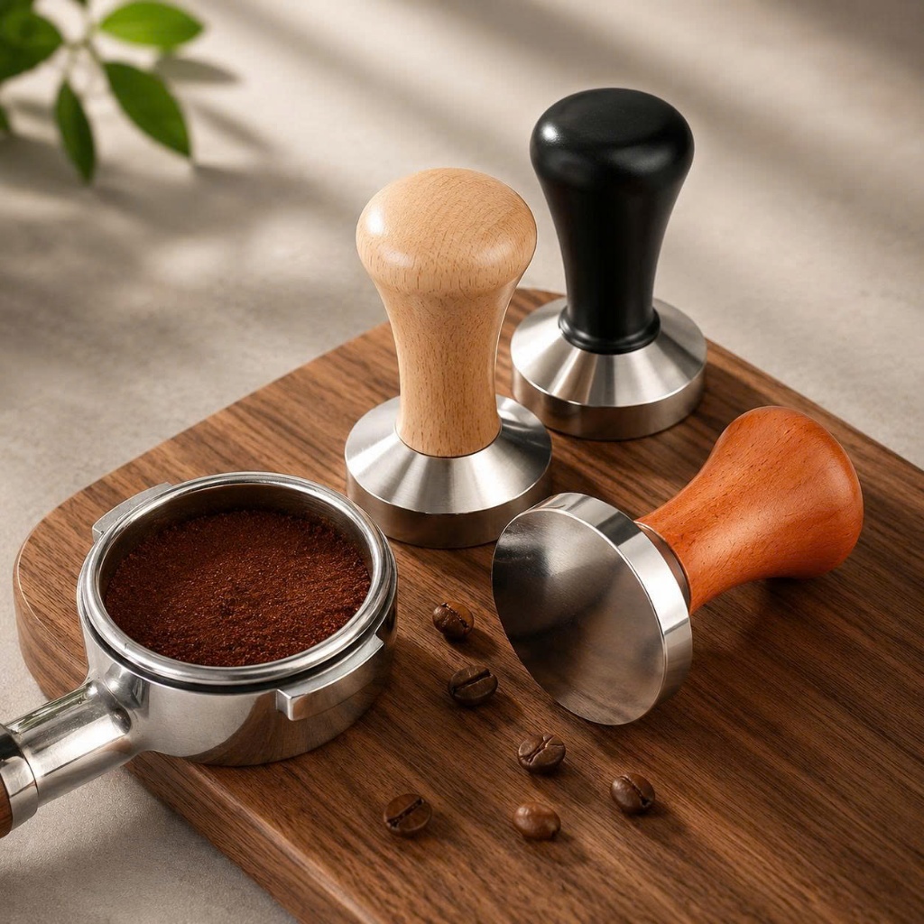 Tamper Nén Cafe Chuyên Nghiệp – Tay Cầm Gỗ, Đế Inox, Size 51mm, 53mm, 58mm