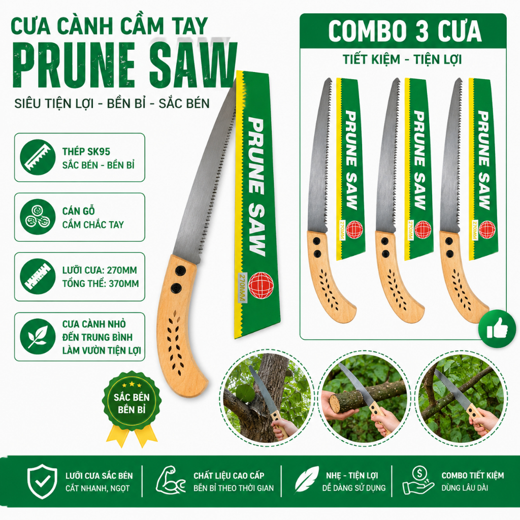 Cưa Cành Cầm Tay Prune Saw 270mm Thép SK95 Siêu Sắc - Cán Gỗ Chống Trượt - Cưa Tỉa Cây Ăn Trái, Cây 