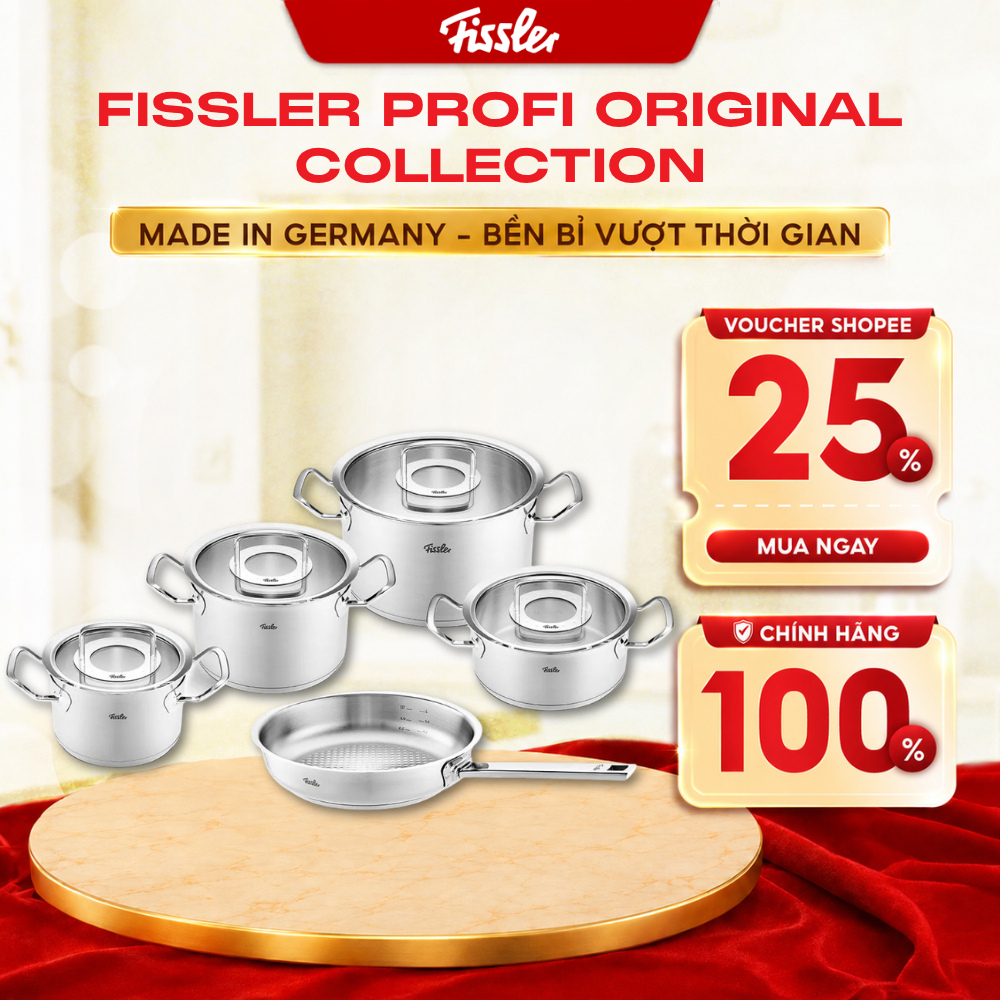 Bộ nồi Fissler Profi chính hãng set 5 món vung kính kèm chảo Fissler Profi tổ ong size 24cm made in 