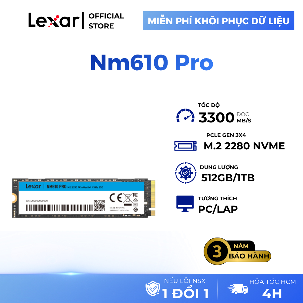 Ổ cứng SSD Lexar NM610 Pro M.2 2280 Gen3x4 NVMe 500GB/ 1TB, Tốc độ đọc 3300Mb/s, Bảo hành chính hãng