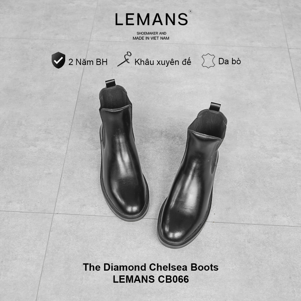 Giày nam da bò Chelsea Boots Black LEMANS CB66.6, đế Lemans cao 4cm BH 12 tháng