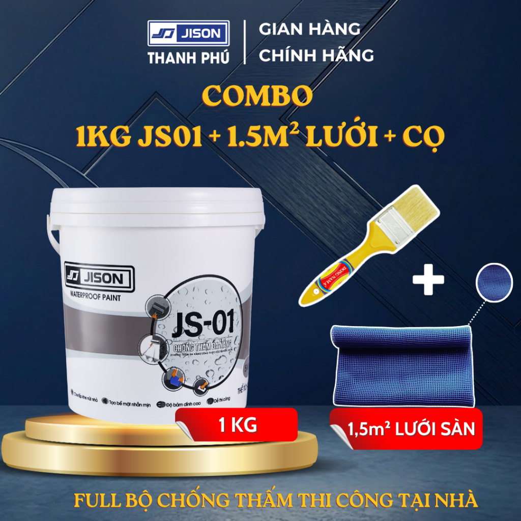 Combo Chống Thấm Jison Chuyên Dùng Làm Tè Tôn, Máng Xối, Ban Công (1KG JS01, Lưới Jison,Cọ Quét)