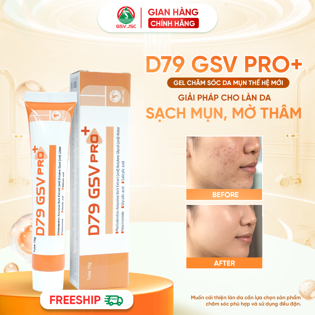 D79 GSV Pro+ Gel Bôi Giảm Mụn, Mờ Thâm Mụn, Kiểm soát dầu hiệu quả, Dưỡng ẩm da 15g (Mới)