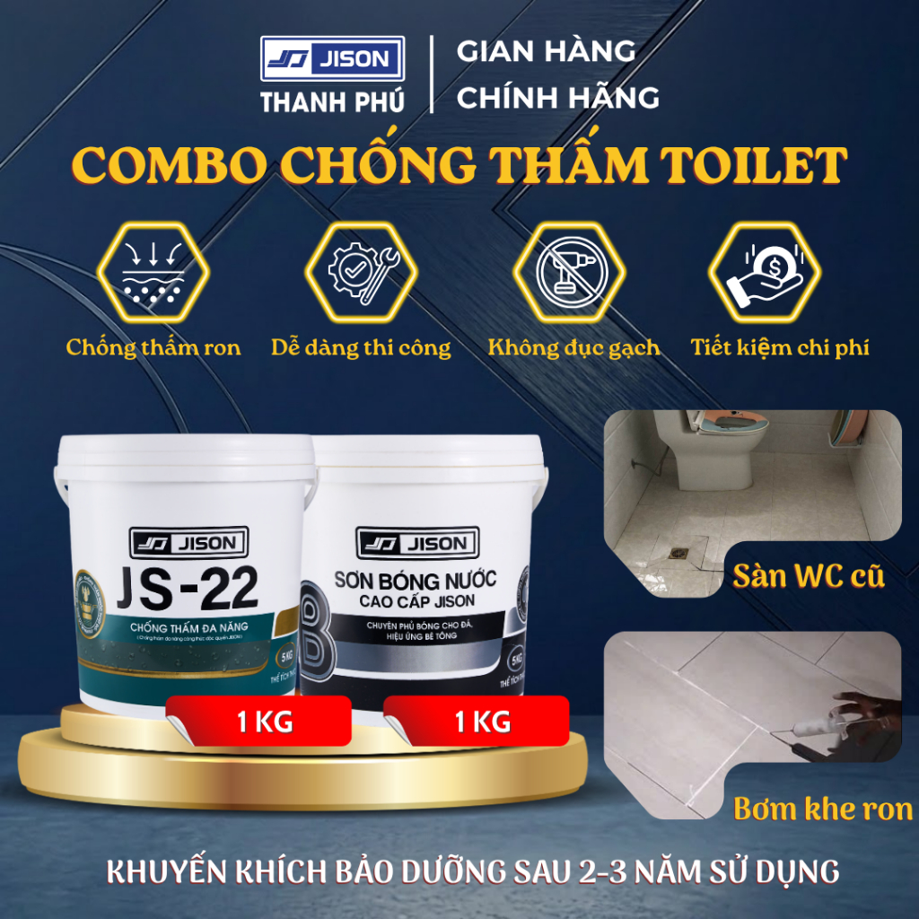 Combo Chống Thấm Toilet Jison, Chuyên Xử Lý Ron Gạch Toilet, Không Đục Gạch (1KG JS22, 1KG Bóng Đá)