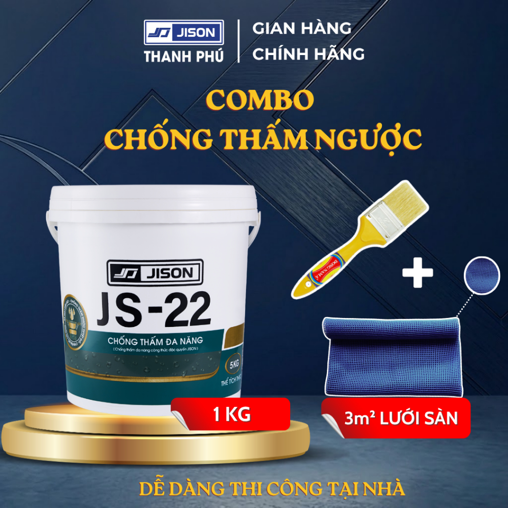 Combo Chống Thấm Ngược Jison Chuyên Xử Lý Tường Trong Bị Thấm Nước (1KG JS22, 3m² Lưới Sàn, Cọ Quét)