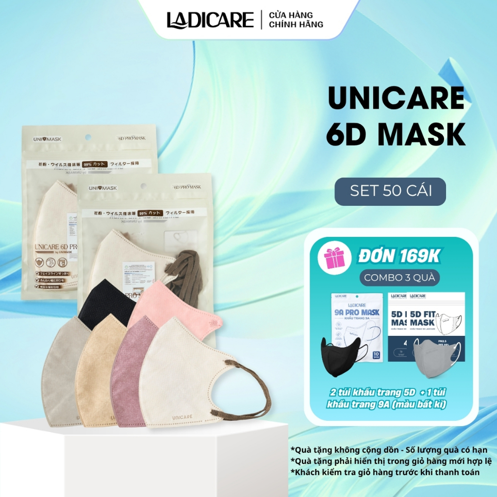 UNICARE Combo 50 cái khẩu trang 6D Unicare Pro Mask 3 Lớp Kháng Khuẩn chính hãng 6 màu thời trang