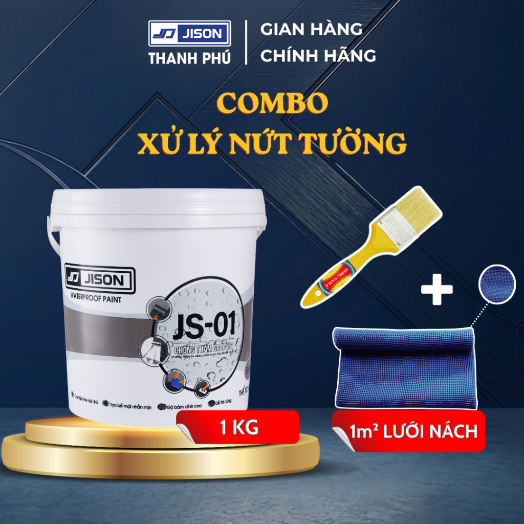 Combo Xử Lý Nứt Jison Chuyên Dùng Gia Cố Vết Nứt Tường, Sàn (1KG JS01, 1m² Lưới Vách, Cọ Quét)