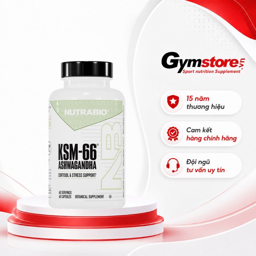 Viên uống NutraBio KSM-66 Ashwagandha, 60 viên, giảm stress, cải thiện giấc ngủ - Gymstore