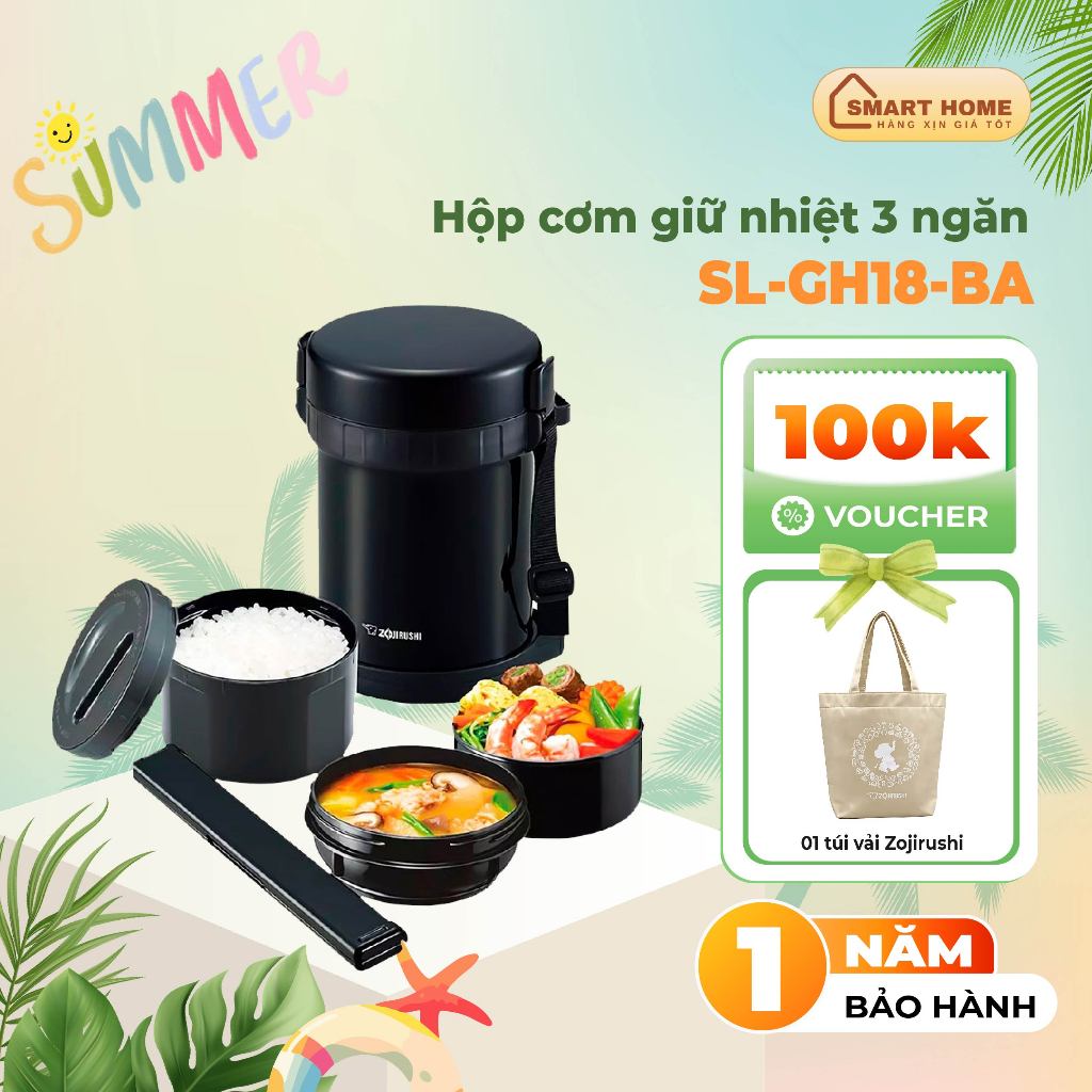 Hộp Cơm Giữ Nhiệt 3 ngăn Zojirushi SL-GH18-BA dung tích 1,27L, hàng chính hãng, bảo hành 1 năm