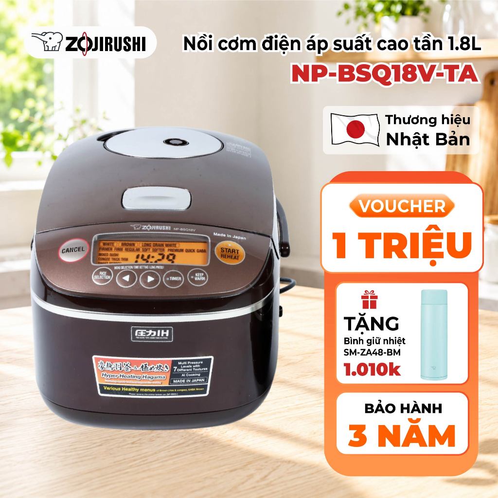Nồi Cơm Điện Tử Áp Suất Cao Tần ZOJIRUSHI NP-BSQ18V-TA 1,8L- Dùng Điện 220V, Bảo Hành chính hãng