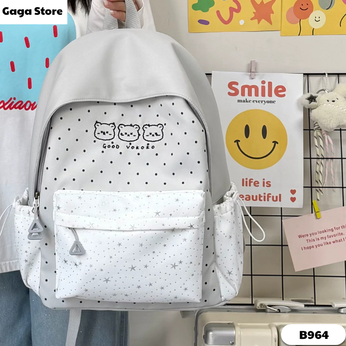 Balo đi học phong cách Hàn Quốc dễ thương phối màu thêu gấu cho học sinh cấp 1 cấp 2 B964 Gaga Store