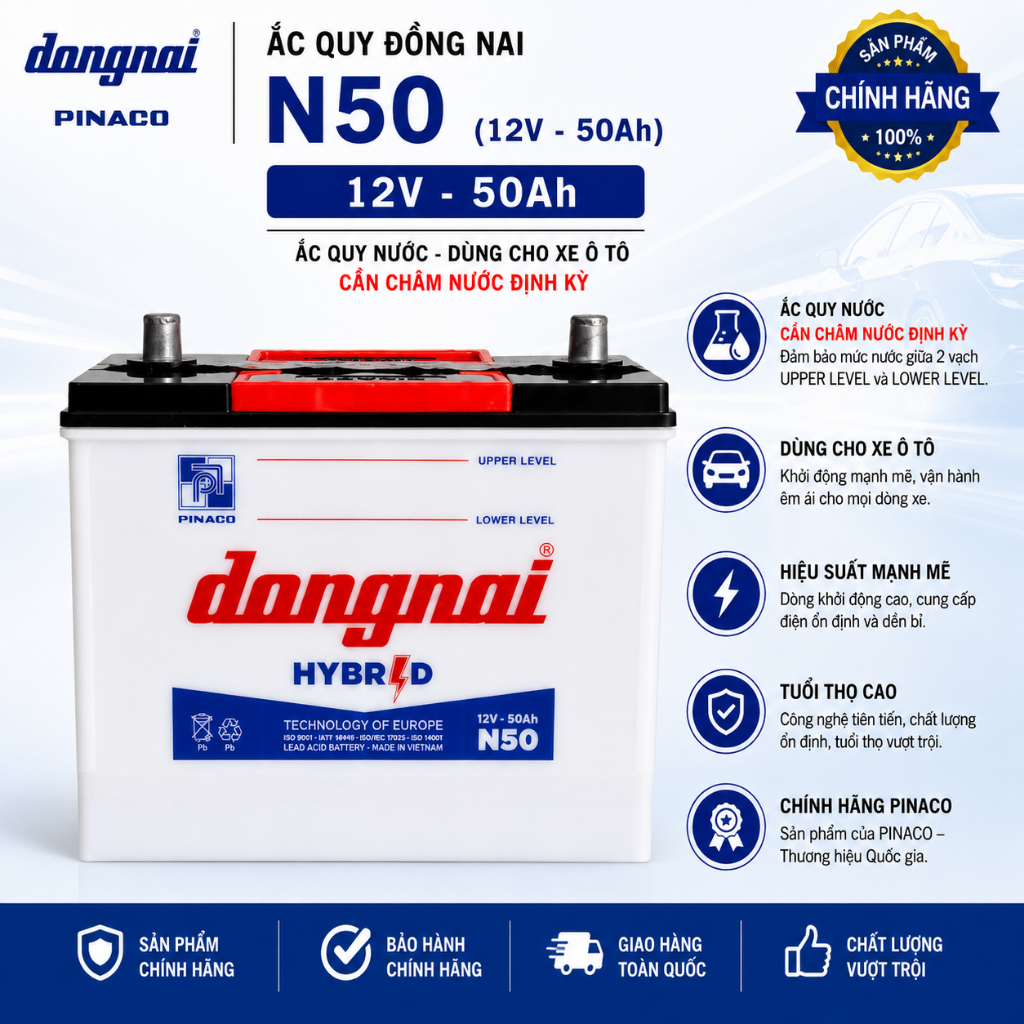 Bình ắc quy nước 12v Hybrid đồng nai N50 | 12V - 50ah (tặng kèm acid châm bình) sài đèn led 12v
