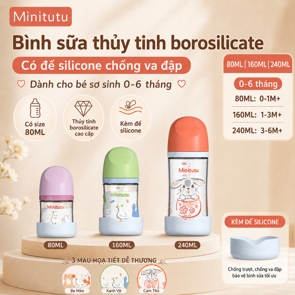 [80/160/240ml] Bình sữa thủy tinh Minitutu cho bé sơ sinh, có vỏ silicone, cổ rộng chống sặc giảm đầy hơi