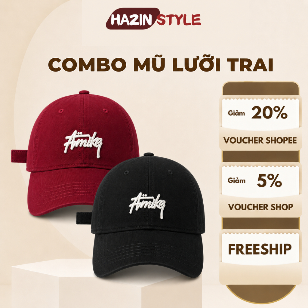 COMBO 2 Mũ lưỡi trai HAZIN thêu hình basic form cứng, vải kaki cao cấp, thời trang unisex phong cách